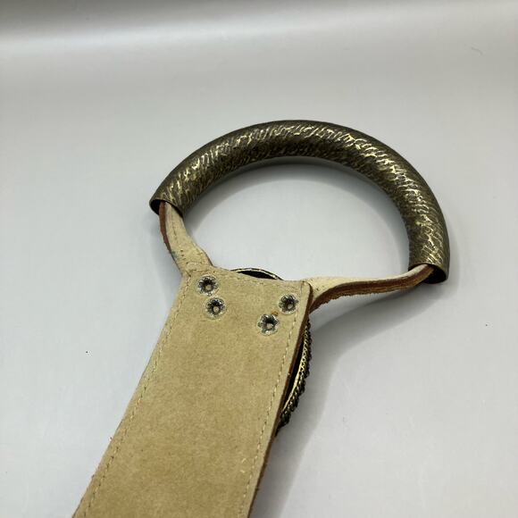 Women’s Belt Leather Stones Metal Artisan Unique Tan Velcro Adjustable 41” - Picture 7 of 9
